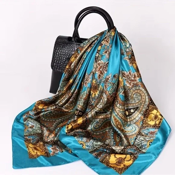 2/$30 Chic Paisley Scarf in Blue and Orange - Picture 2 of 8